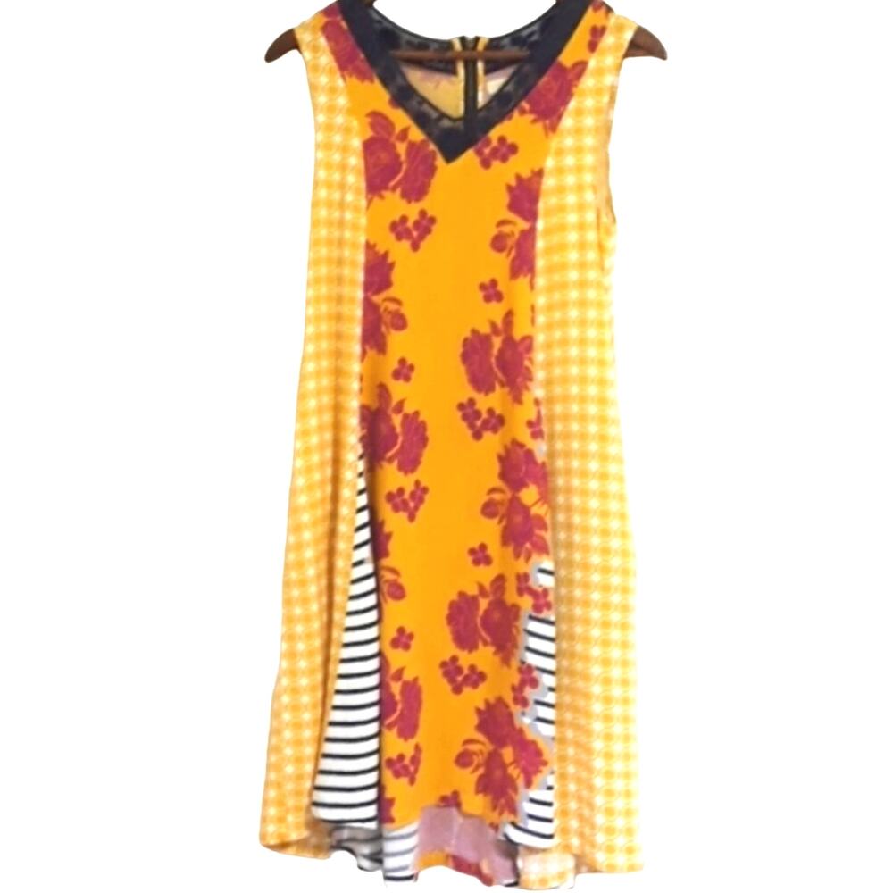 Matilda Jane Womens Sz S Goldenrod Shift Floral V-Neck Lace Pockets Dress